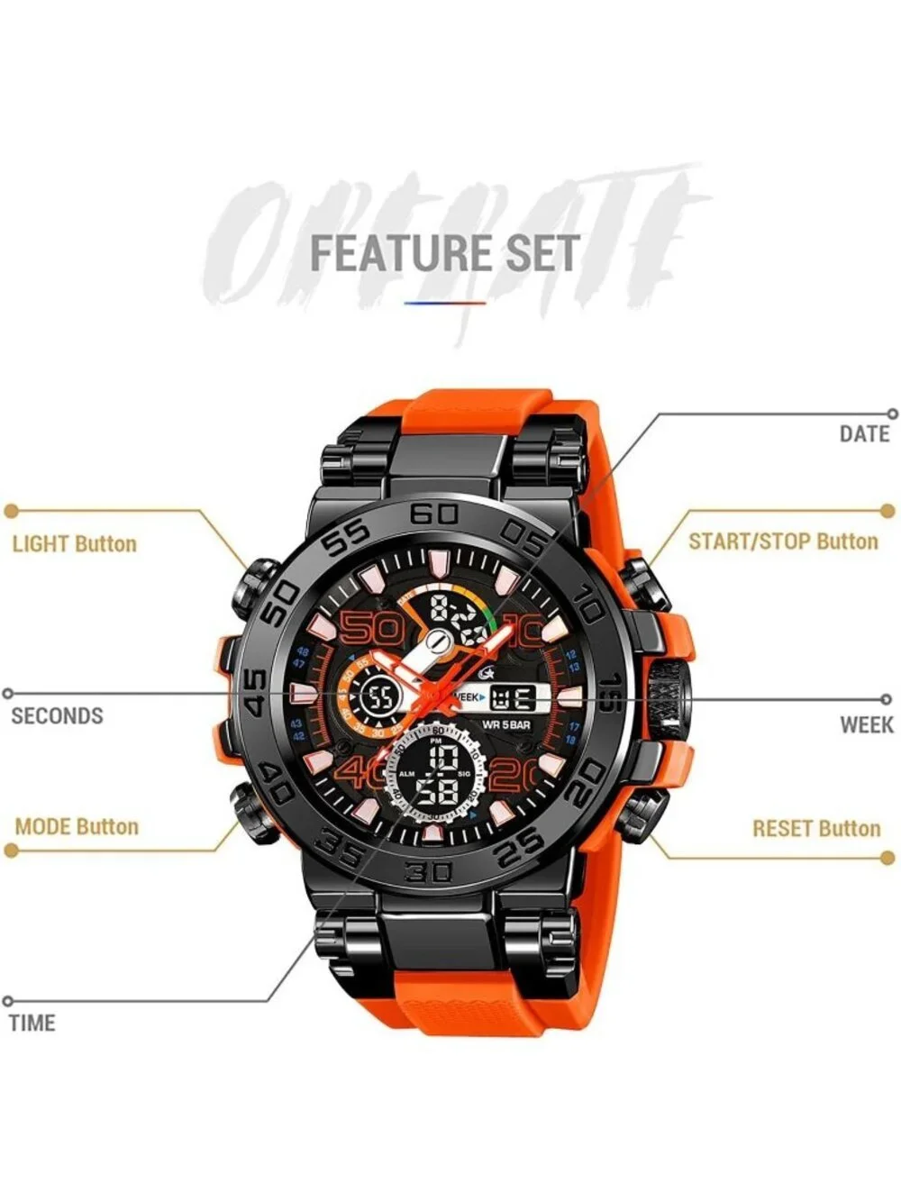 Men's Orange Analog Quartz Waterproof Sports Outdoor Military LED Digital Watch